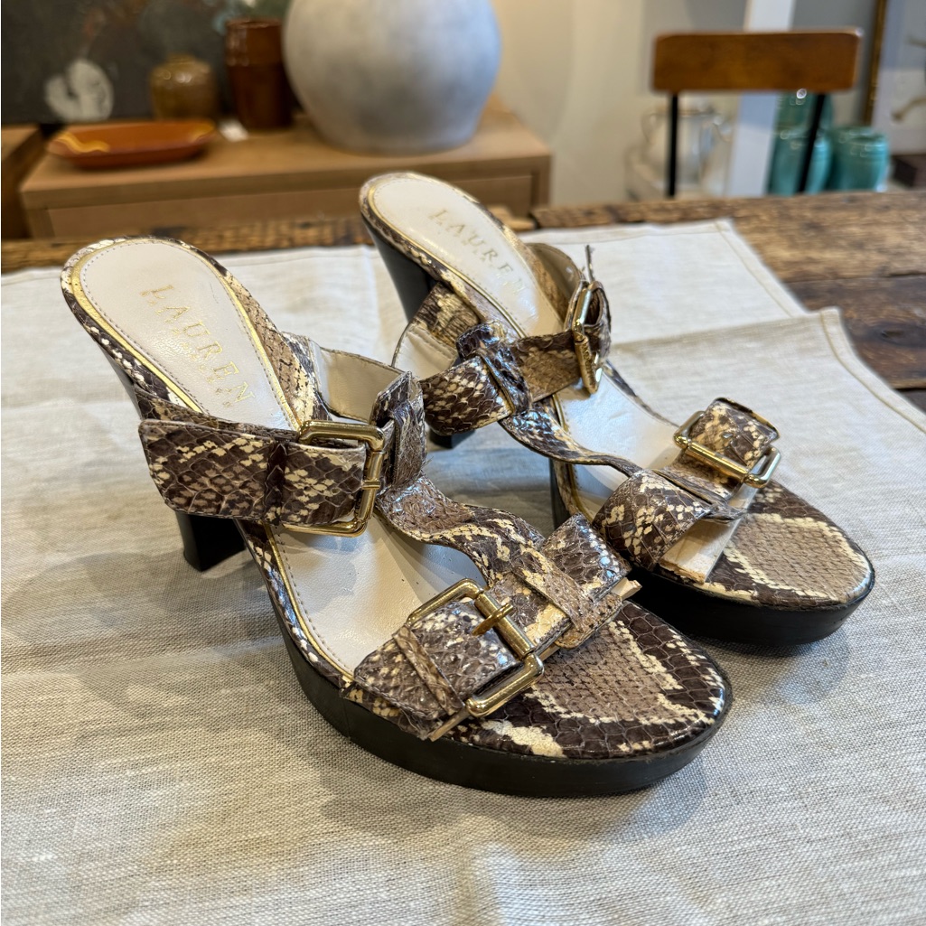 Lauren Ralph Lauren Stacked Real Wooden Heeled Sandals (Gold Tone)